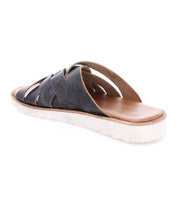 Side view of a single Bed Stu Abraham Light leather slide sandal with multiple straps and a white sole, isolated on a white background.