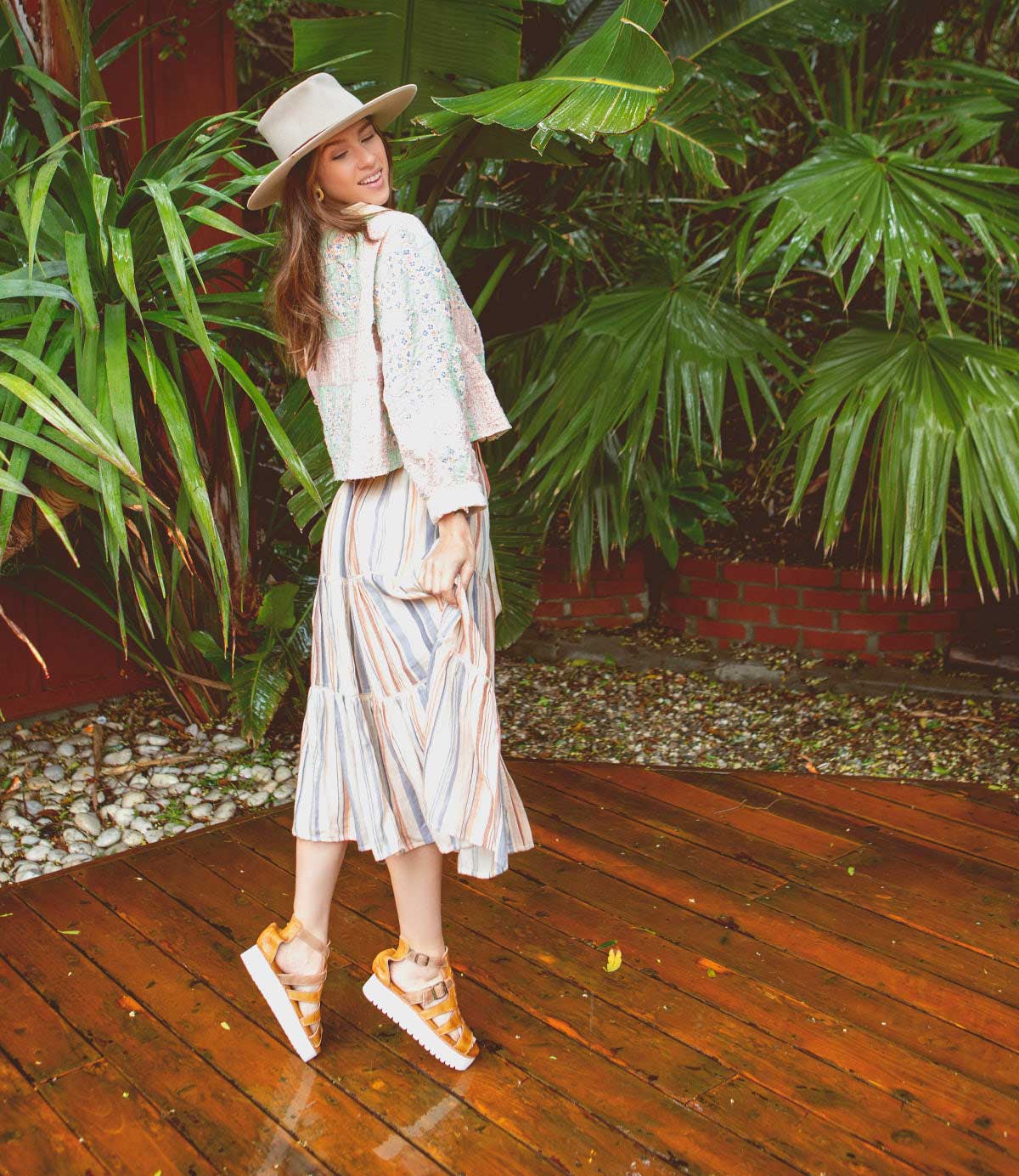 A woman wearing Bed Stu Ada sandals.