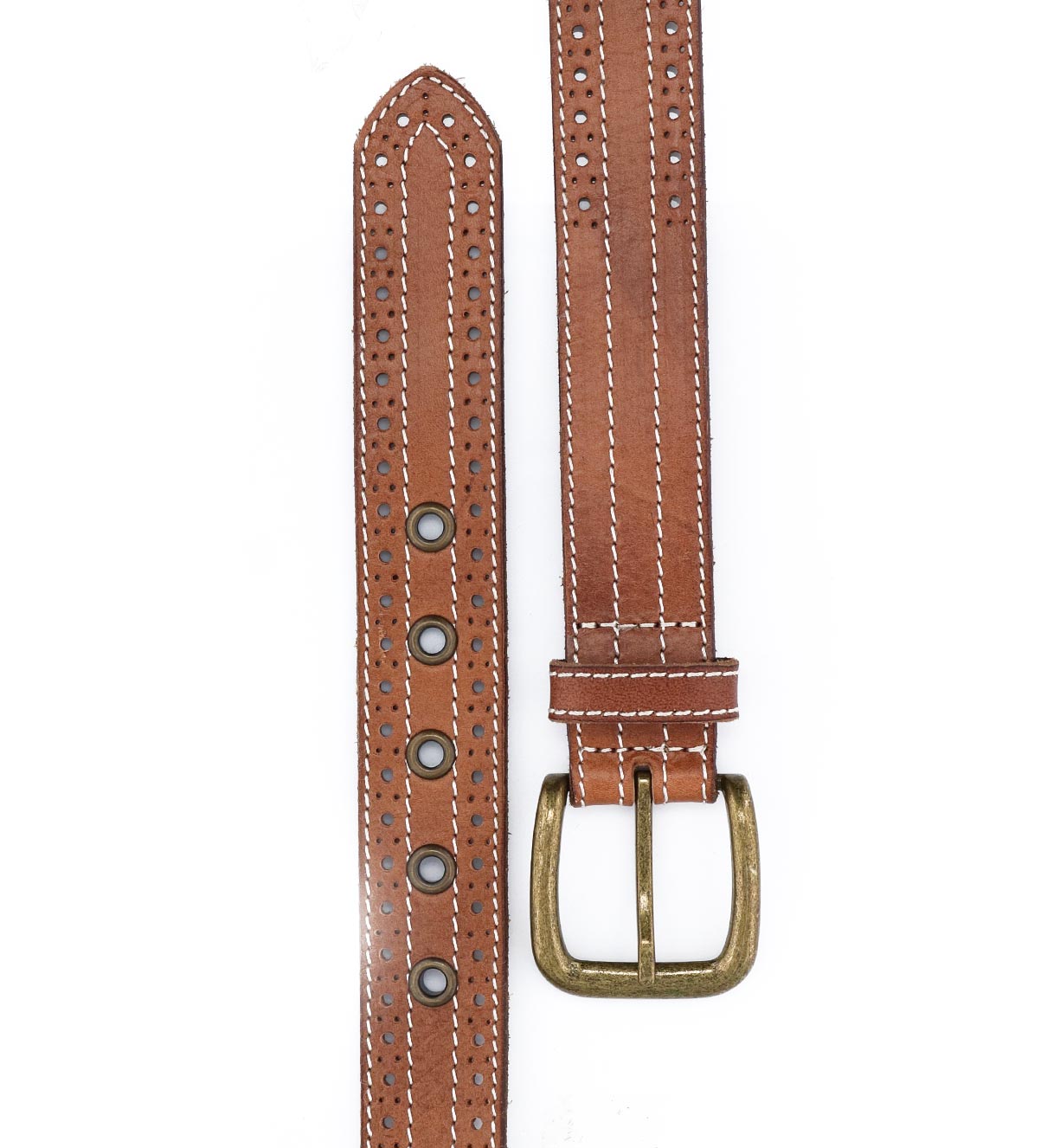 A Addison tan leather belt with silver grommets by Bed Stu.