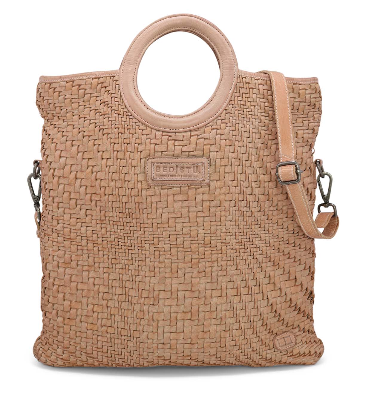 A beige woven Adele bag with a handle from Bed Stu.