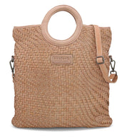 A beige woven Adele bag with a handle from Bed Stu.