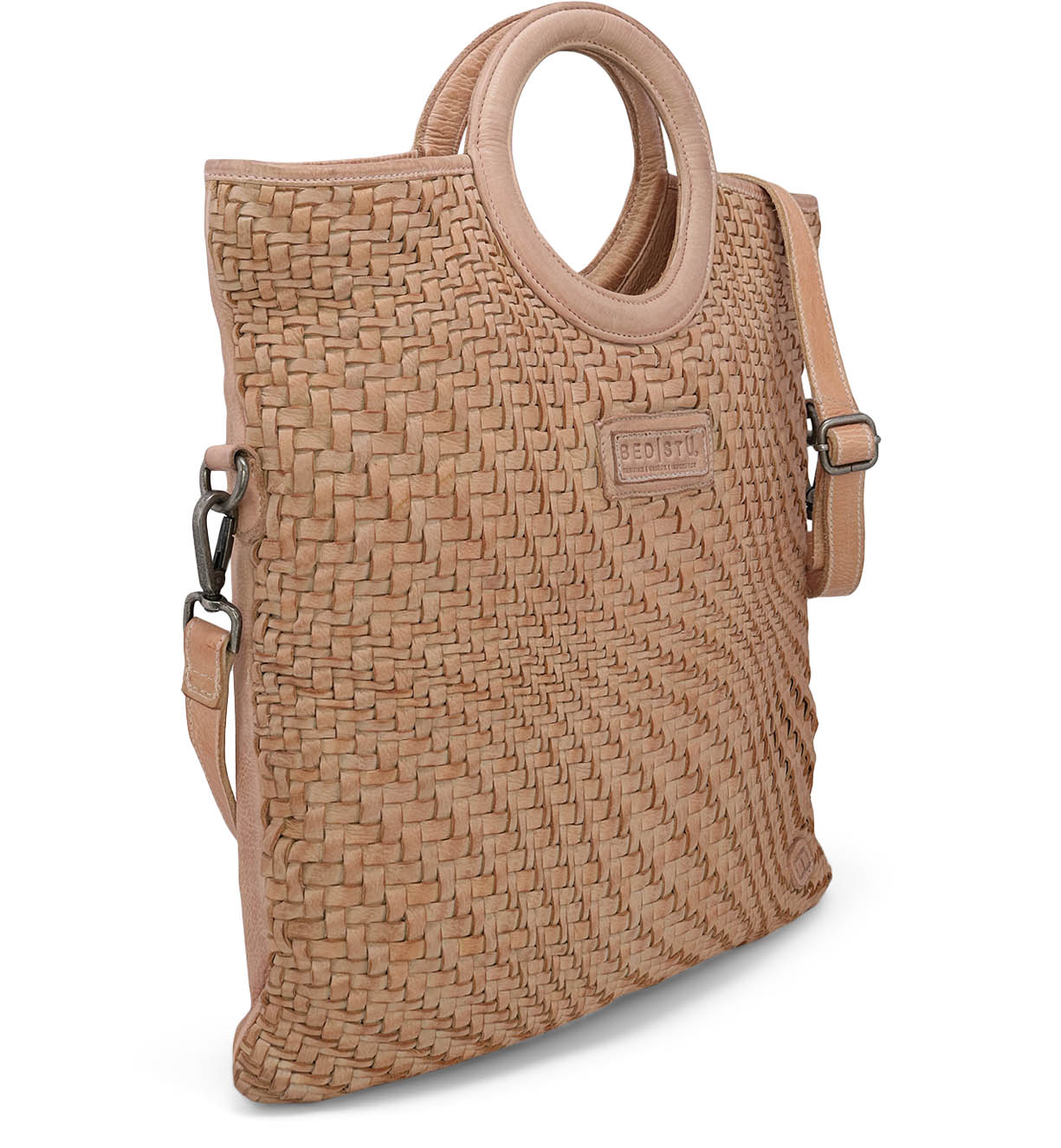 A beige woven "Adele" tote bag with a handle by Bed Stu.