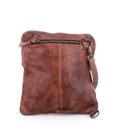 A Bed Stu Aiken brown leather crossbody bag with a zipper.