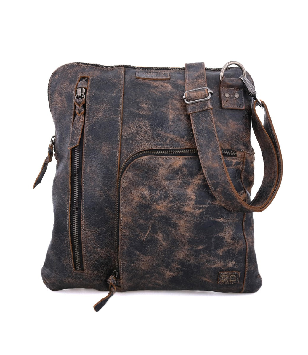 A Bed Stu Aiken distressed black leather crossbody bag with a zippered compartment.