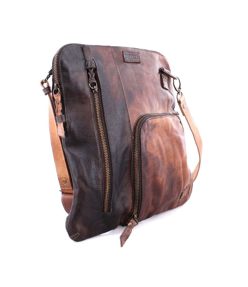 A Bed Stu Aiken brown leather crossbody bag with two straps.