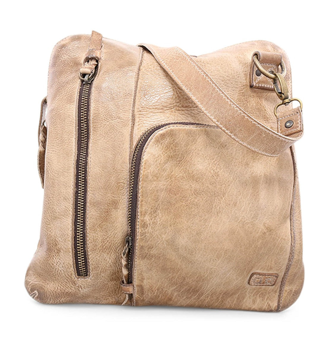 An Aiken tan leather crossbody bag with zippers by Bed Stu.