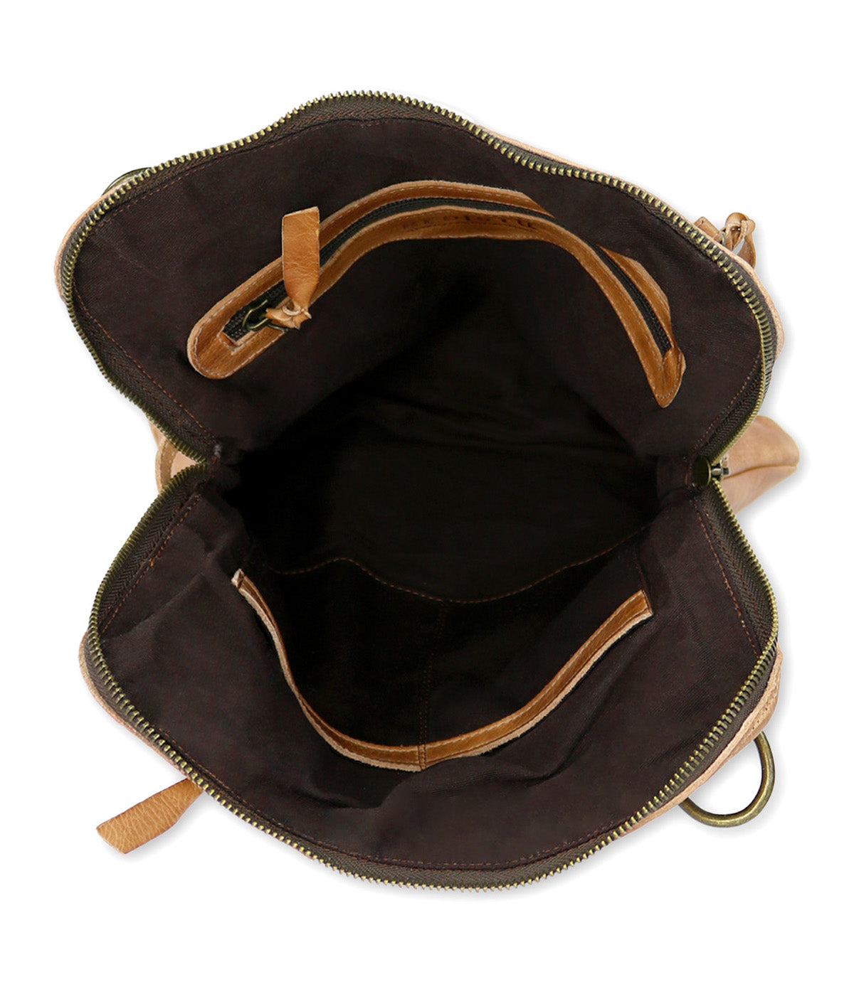 The inside of a Bed Stu brown leather Aiken backpack.