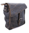 A Bed Stu Ainhoa black leather messenger bag with an adjustable and removable strap for a crossbody handbag style, featuring a buckle closure.