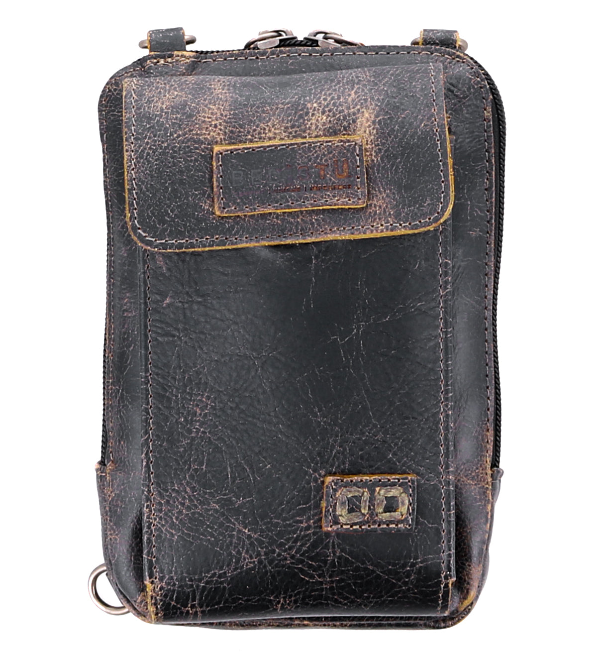 A premium black leather Alelike crossbody phone holder with a zipper by Bed Stu.