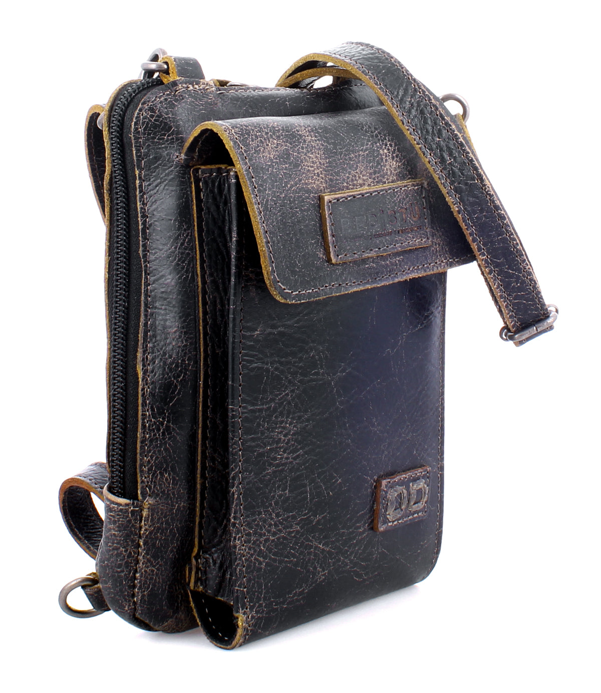 A premium Bed Stu Alelike black and brown leather crossbody bag.