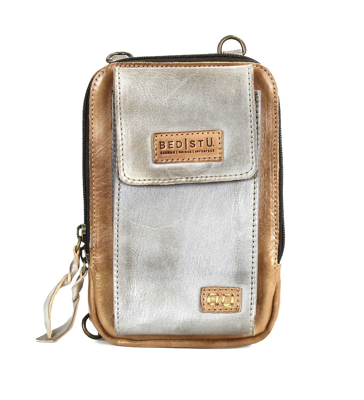 The Bed Stu Alelike is a compact two-tone leather crossbody phone holder featuring a front flap pocket, zip closure, and Bed Stu branding on the front.