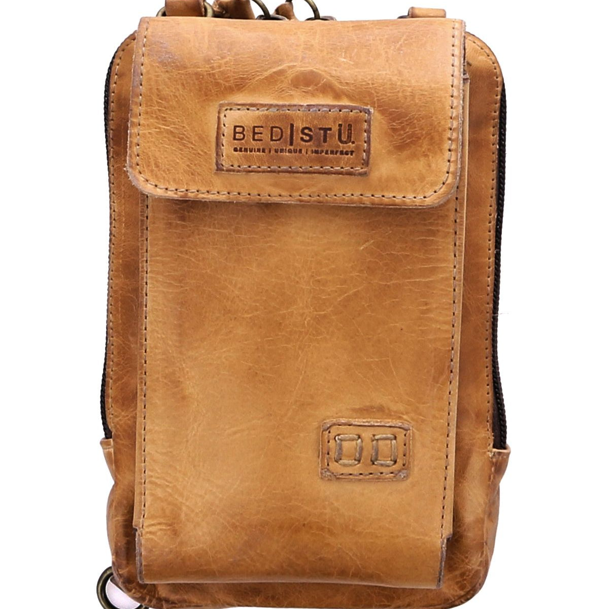 The "Alelike" by Bed Stu is a premium leather brown crossbody bag with a front flap and branded tag, featuring a metallic ring at the bottom. This stylish accessory also functions as a crossbody phone holder for daily use.