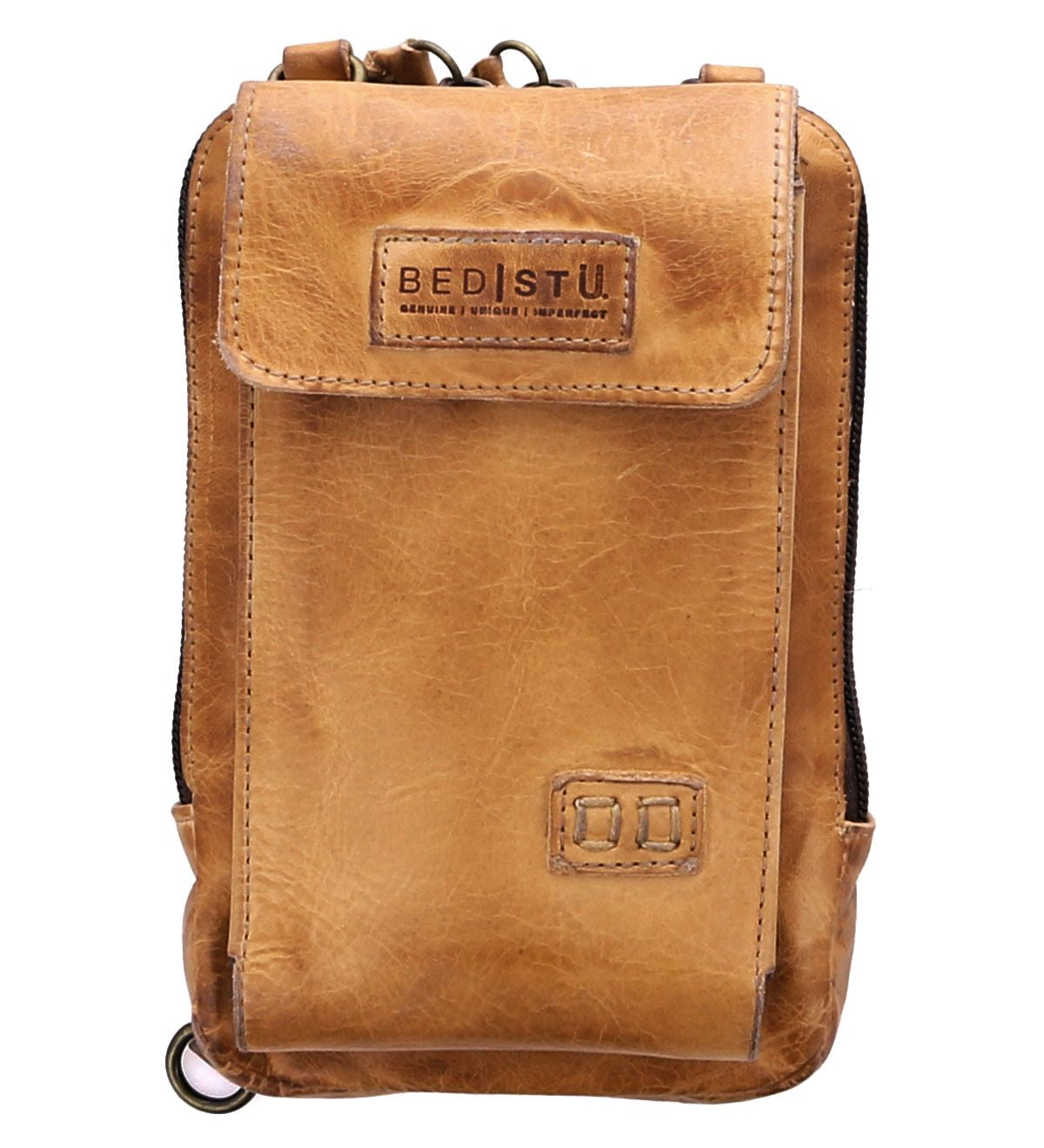 The "Alelike" by Bed Stu is a premium leather brown crossbody bag with a front flap and branded tag, featuring a metallic ring at the bottom. This stylish accessory also functions as a crossbody phone holder for daily use.