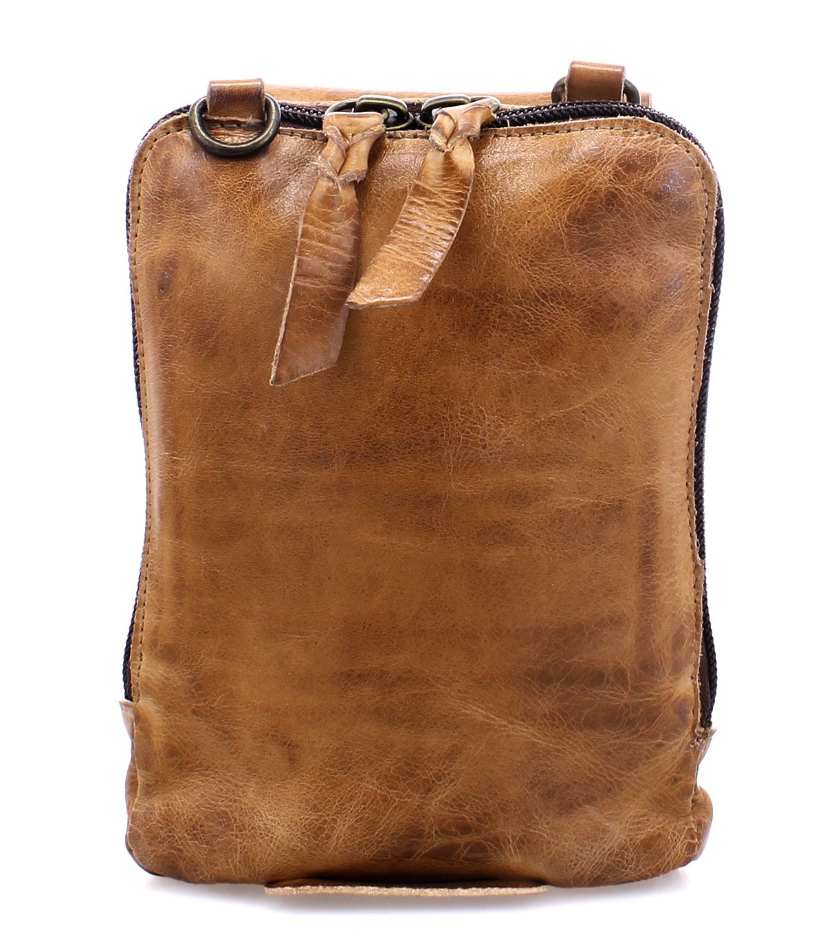 The Alelike by Bed Stu is a rectangular, brown leather pouch featuring a zipper closure and two tassels, showcasing a slightly distressed texture with metal ring accents at the top. This premium leather crossbody phone holder offers daily functionality and exceptional craftsmanship.