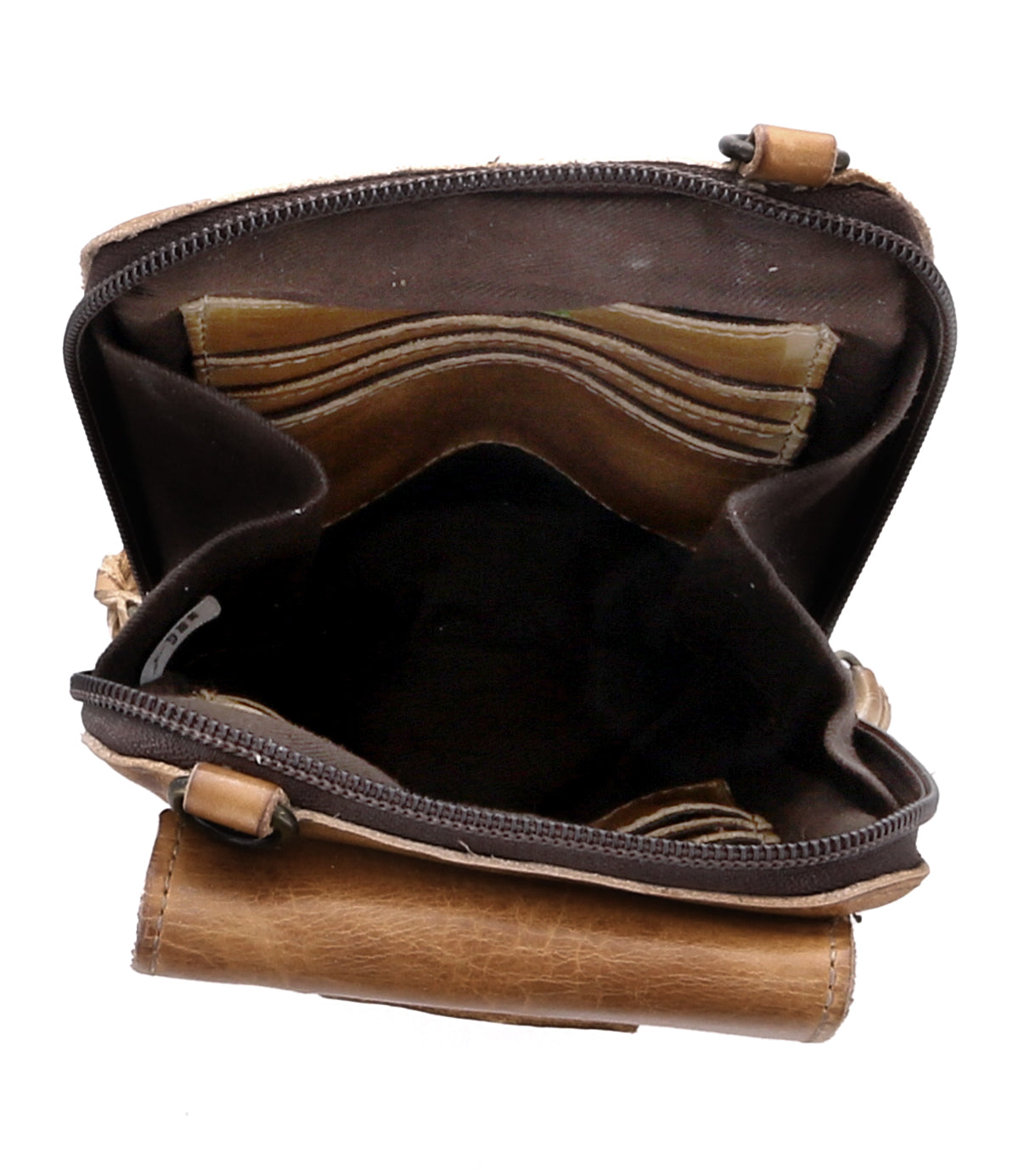 The premium leather interior of an Alelike brown leather purse by Bed Stu.