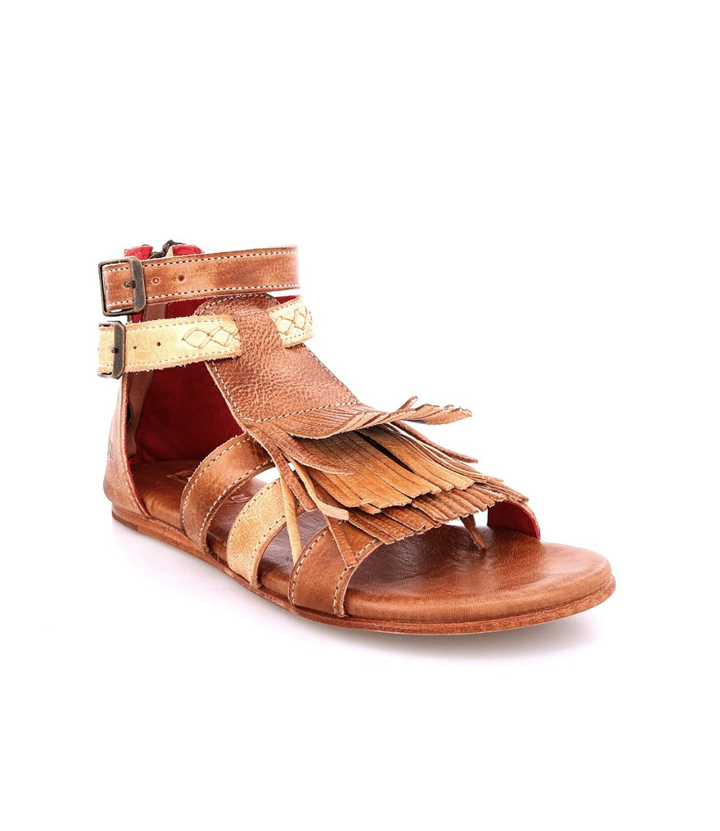 A women's tan sandal with fringes, the Alena by Bed Stu.