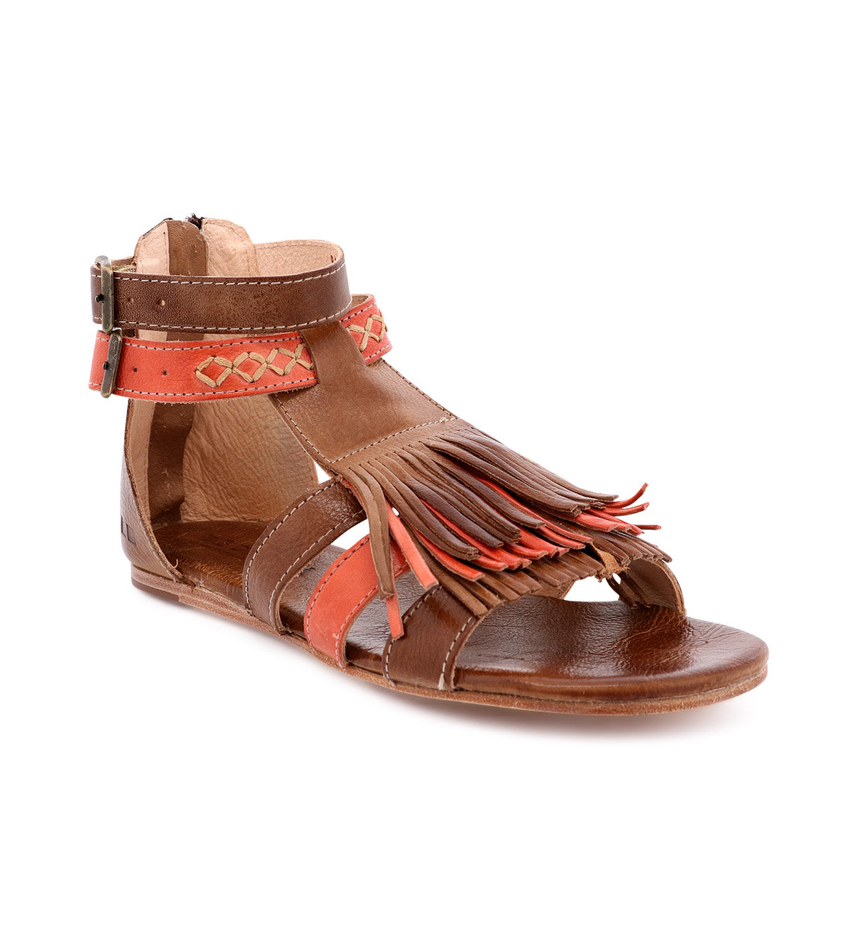 A women's brown and orange Alena sandal with fringes by Bed Stu.