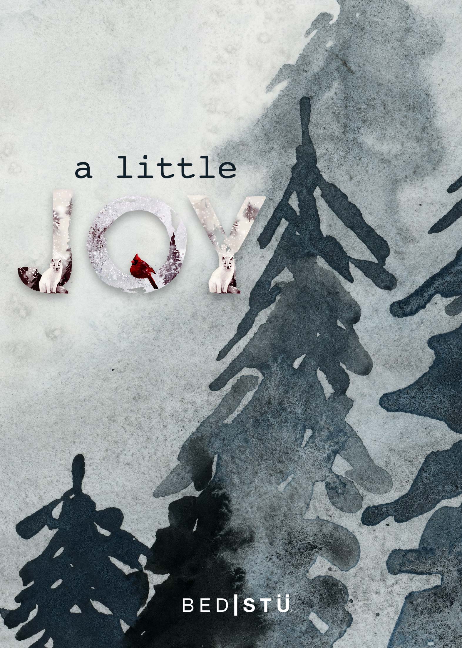 A gift card design wuth Bed|Stü's A Little Joy with watercolor pine tress and the word joy with woodland animals .