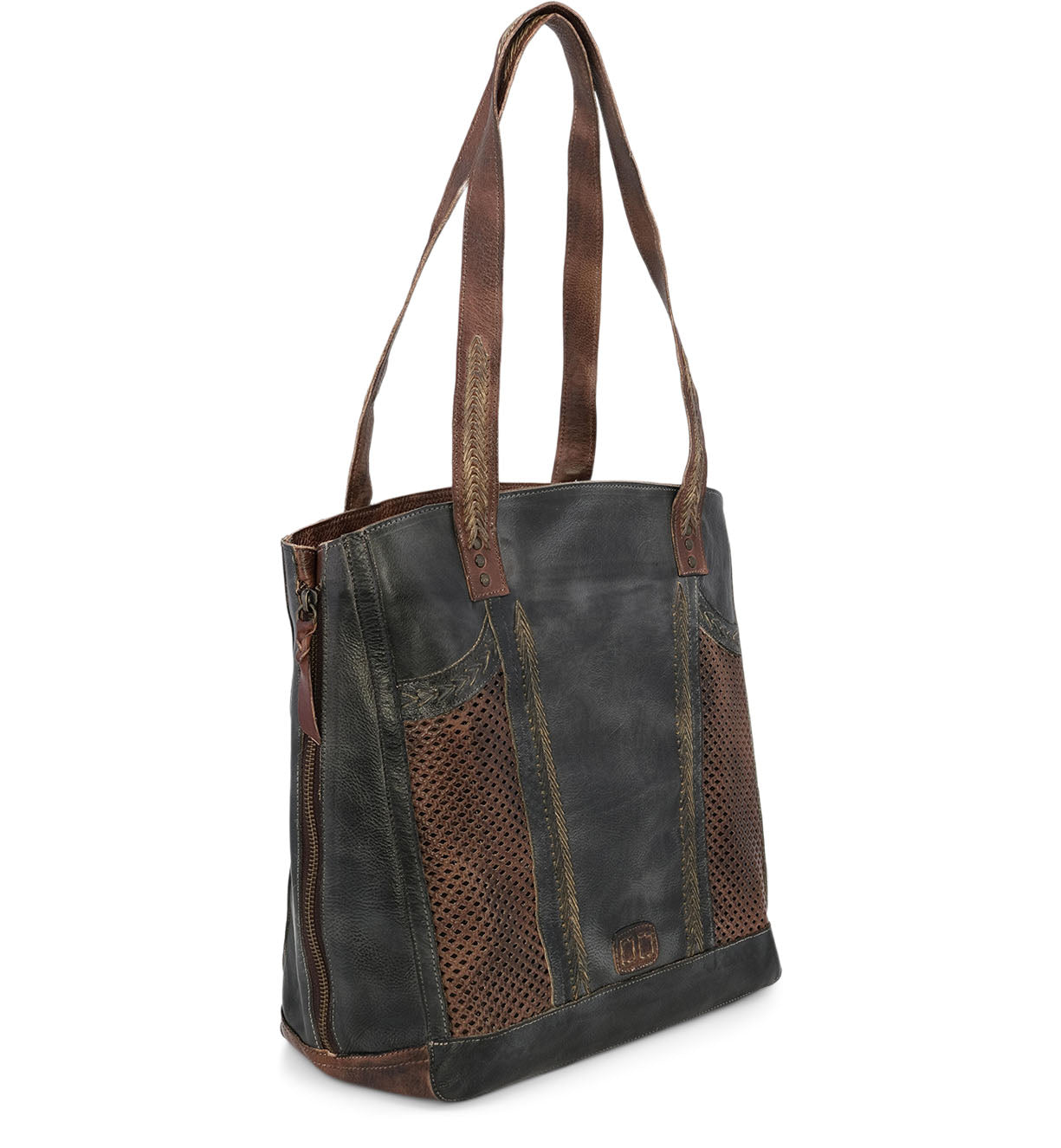 The Amelie women's leather tote bag by Bed Stu in black and brown color.