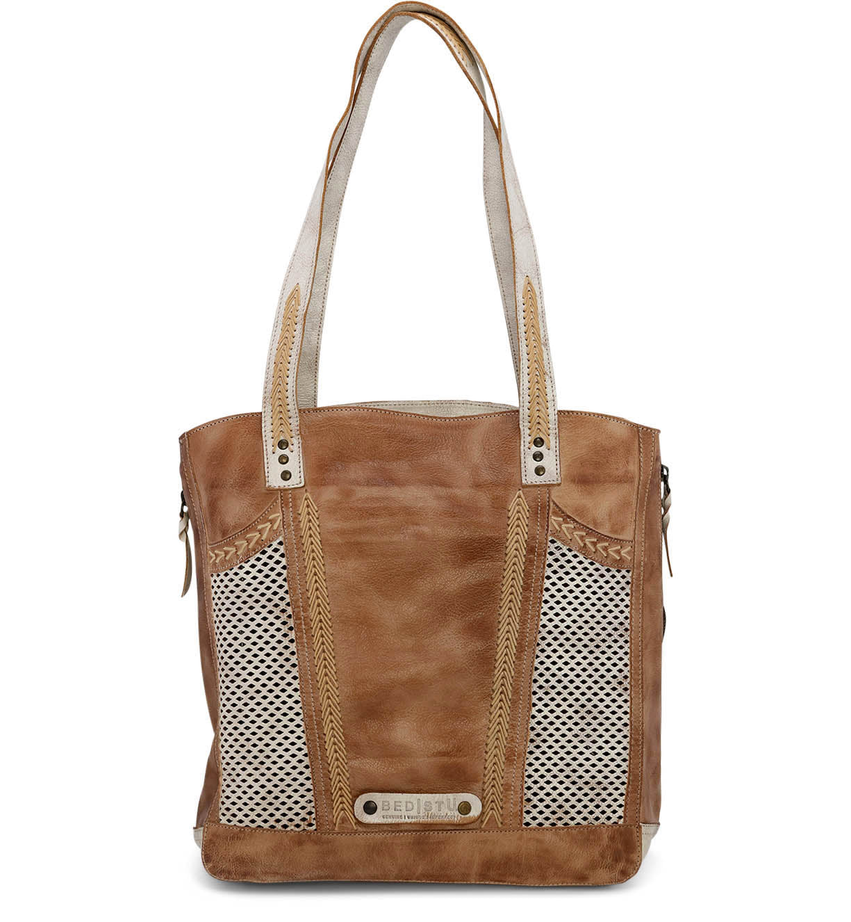 An Amelie leather tote bag from Bed Stu with a mesh pattern.
