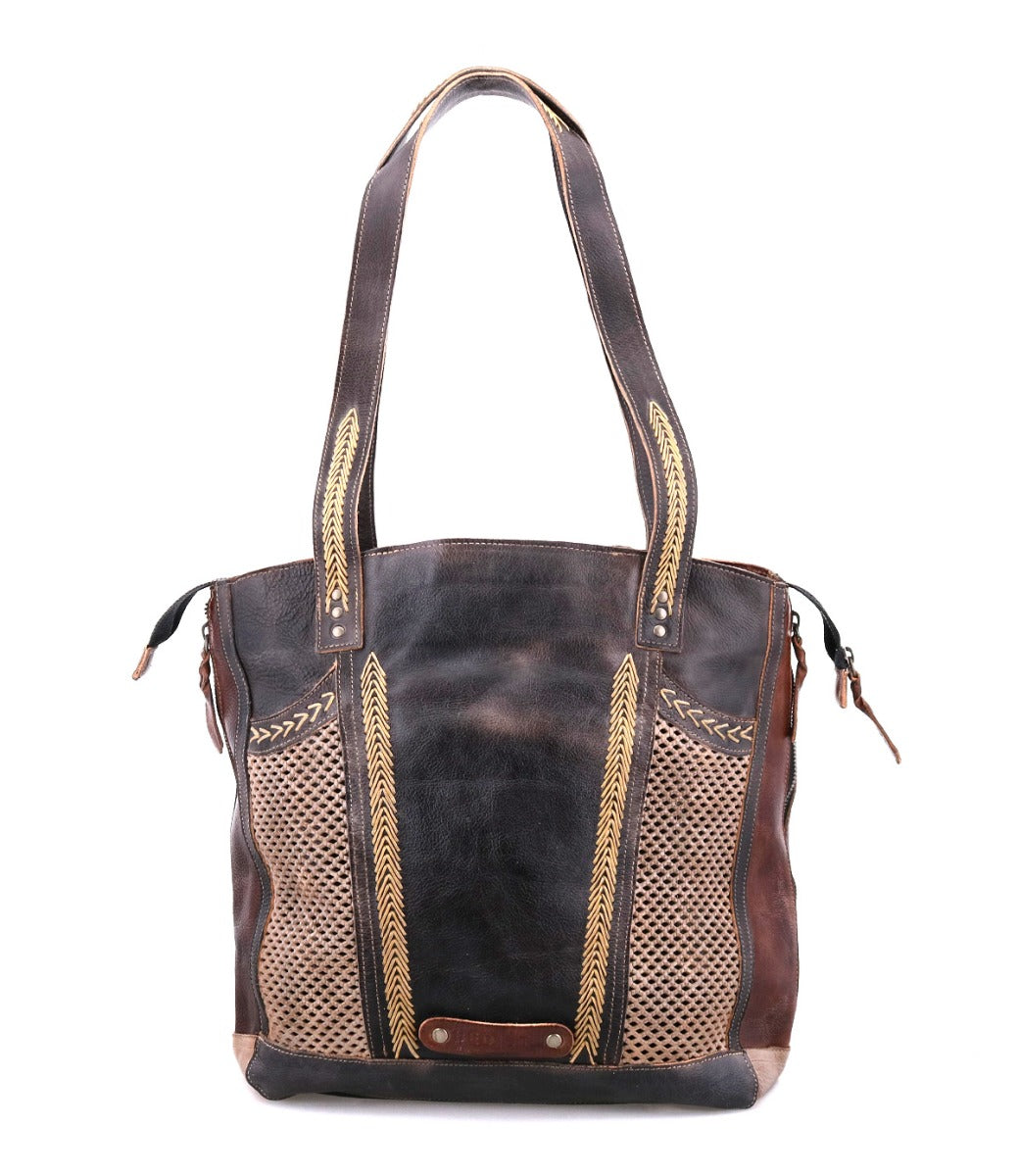 A brown and tan Amelie leather tote bag by Bed Stu.