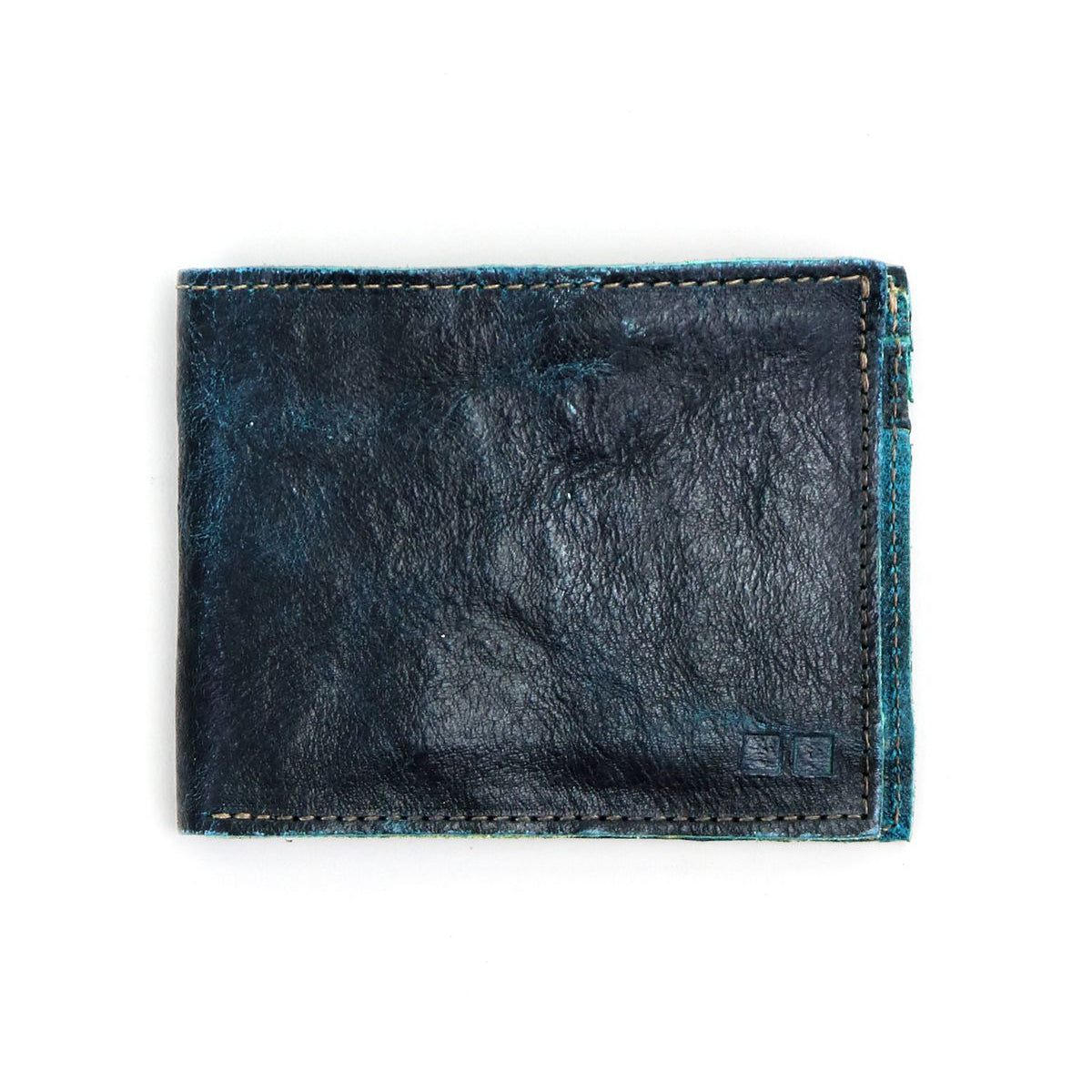 An Amidala bifold wallet by Bed Stu in distressed black leather, ideal for keeping your cash and cards organized, is seen against a plain white background.
