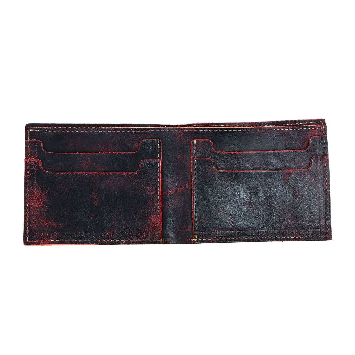 The Amidala by Bed Stu is an open black and red leather bifold wallet featuring multiple card slots and compartments for cash and cards.