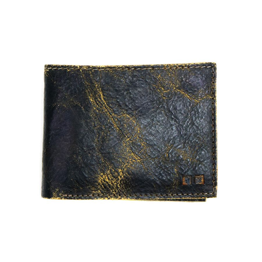 A closed, slightly worn black leather bifold wallet from Bed Stu's Amidala collection, featuring a small square logo in the bottom right corner.