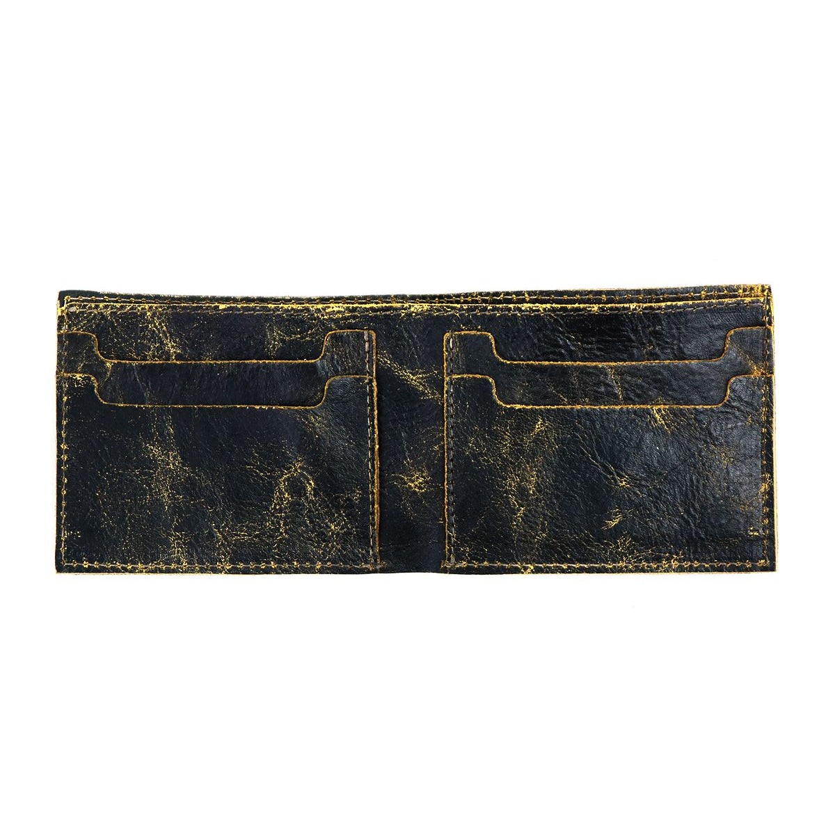 The Amidala by Bed Stu is a weathered, open leather bifold wallet featuring two large compartments and four card slots, showcasing a distressed, worn texture.
