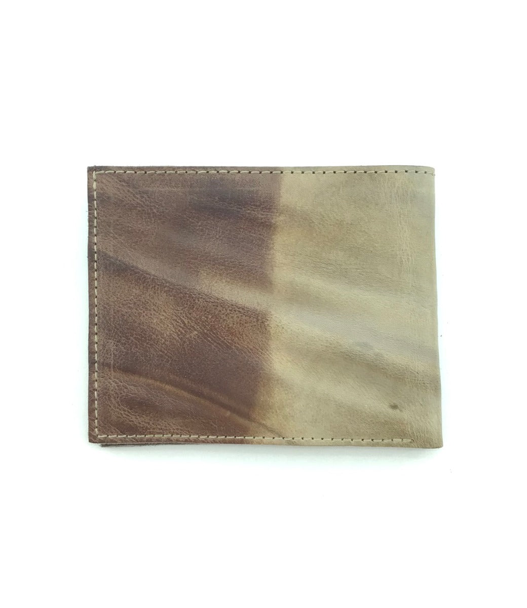 A brown and tan Bed Stu Amidala leather wallet on a white background.