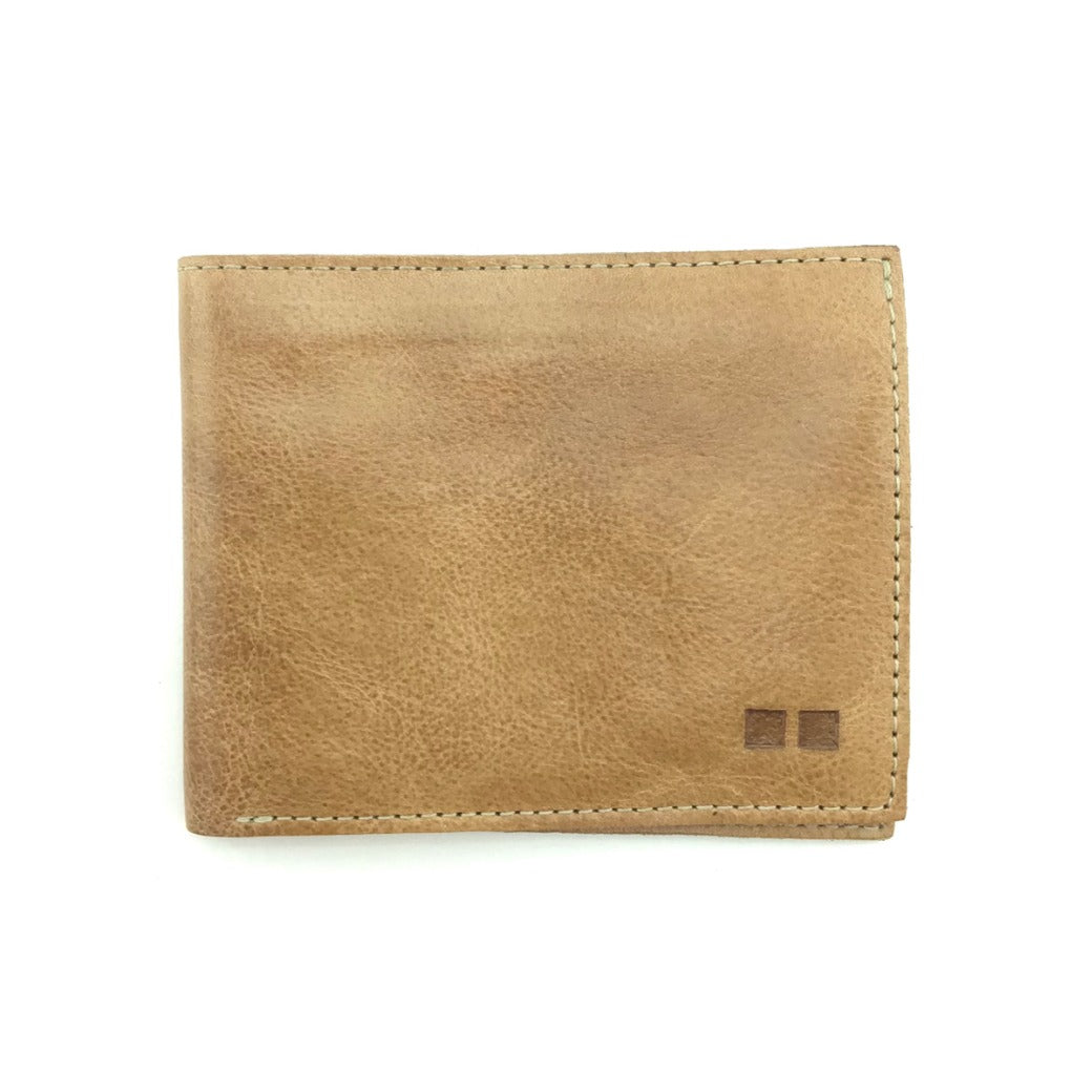 A Bed Stu Amidala tan leather wallet on a white background.