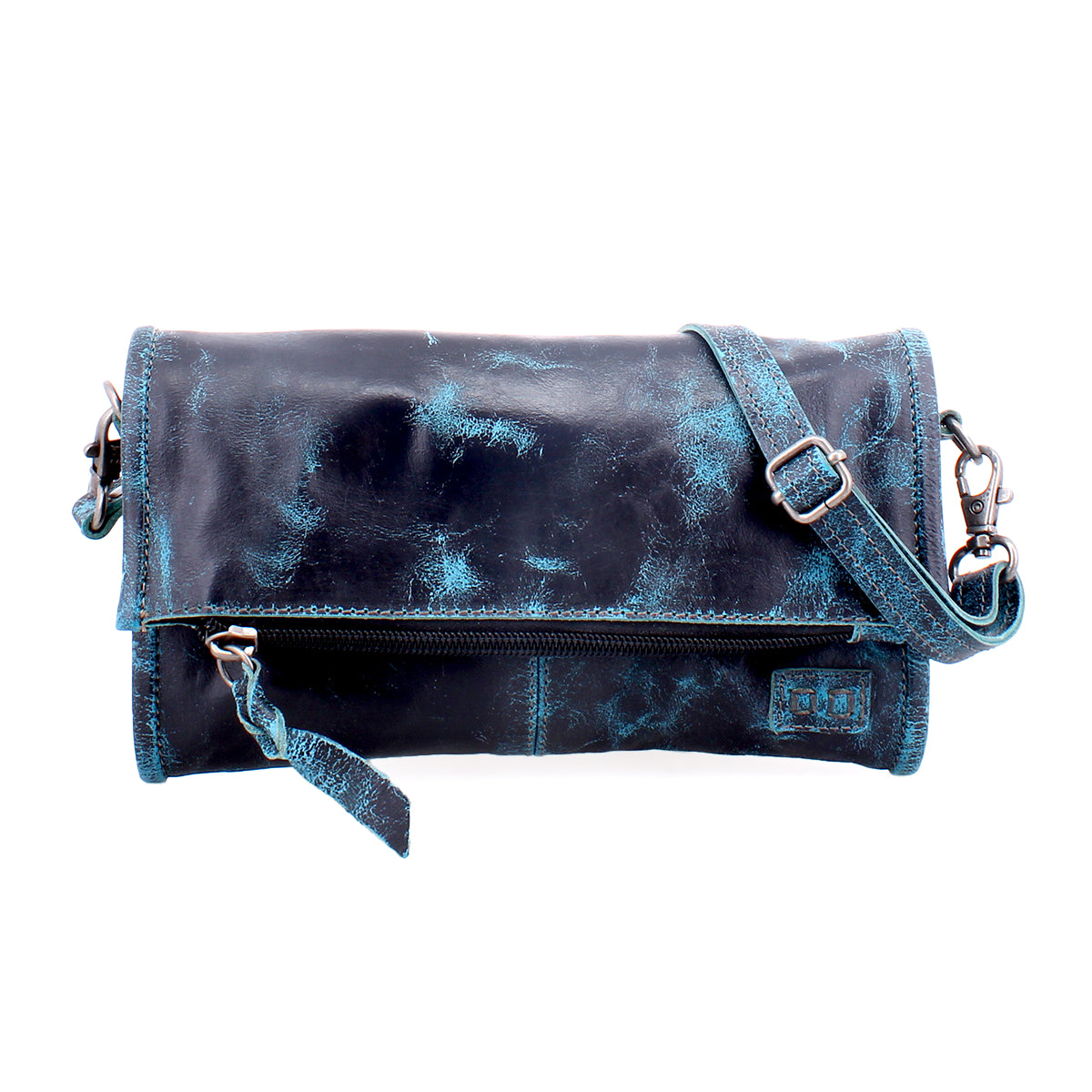 The Amina by Bed Stu is a black and blue distressed leather crossbody bag featuring a fold-over flap, front zipper pocket, and adjustable strap, designed to double as an oversized wallet for versatile use.