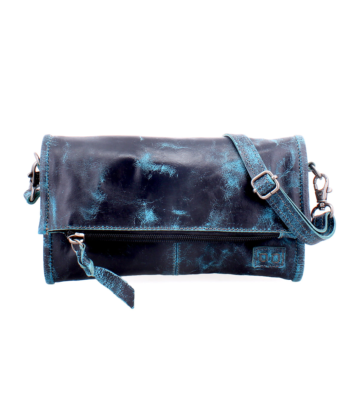 The Amina by Bed Stu is a black and blue distressed leather crossbody bag featuring a fold-over flap, front zipper pocket, and adjustable strap, designed to double as an oversized wallet for versatile use.