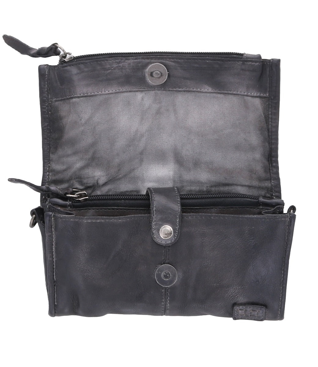 A Bed Stu Amina black leather wallet with two compartments.