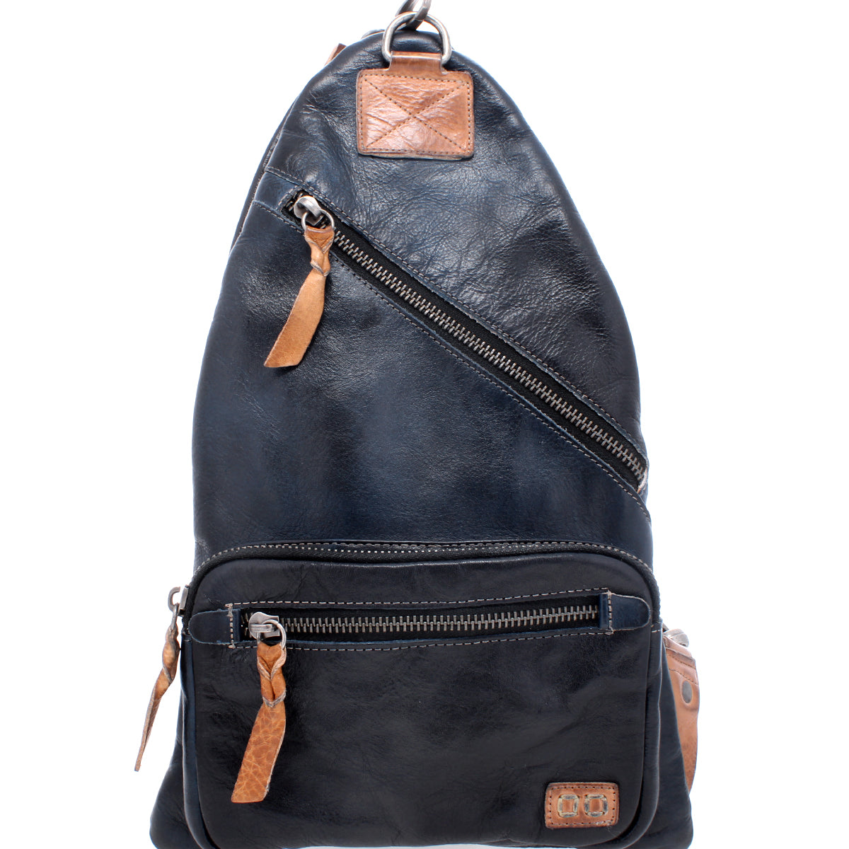 A black leather Andie backpack with tan zippers by Bed Stu.