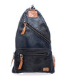 A black leather Andie backpack with tan zippers by Bed Stu.