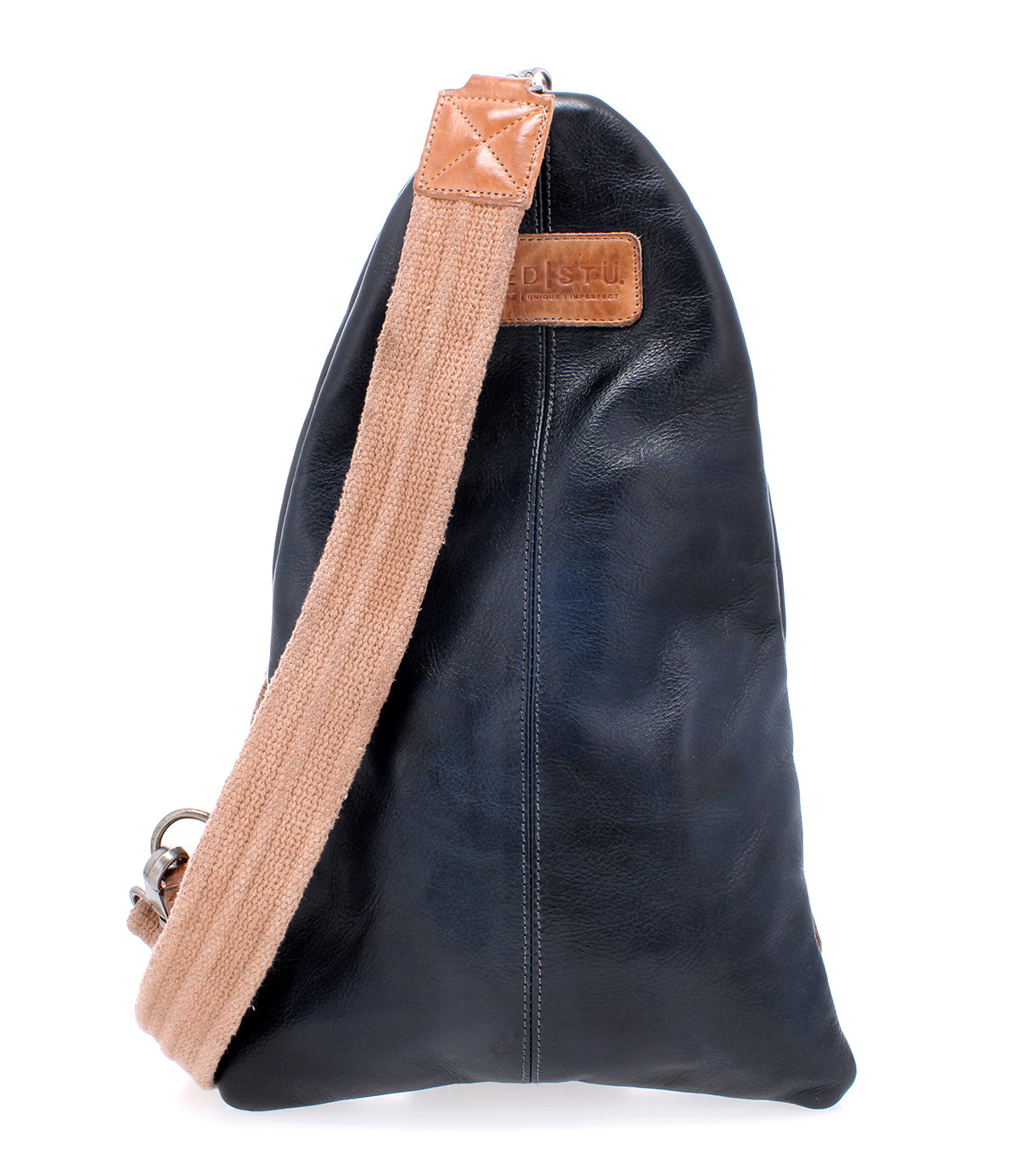 An Andie black leather shoulder bag with a tan strap from Bed Stu.