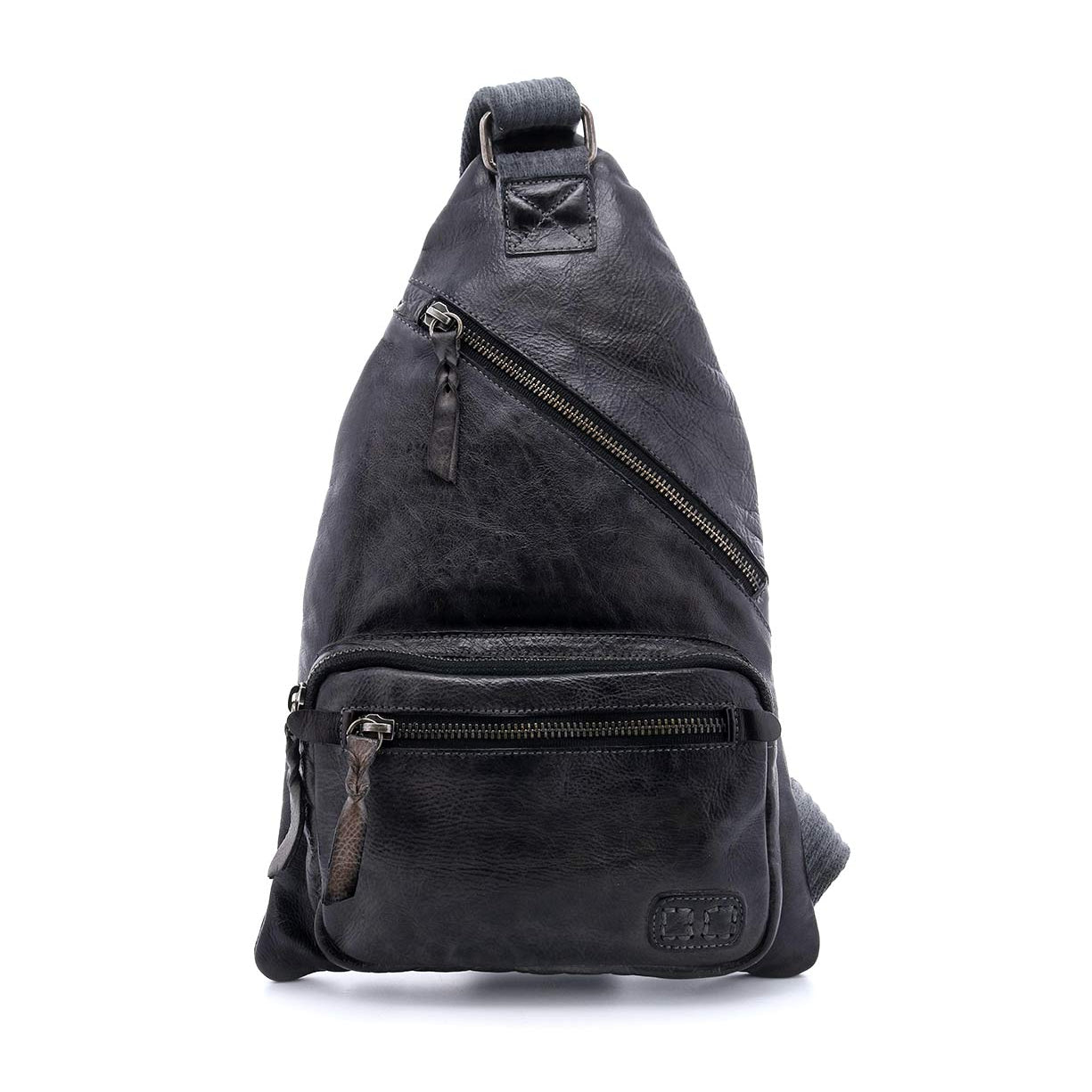 An Andie black leather sling bag on a white background by Bed Stu.
