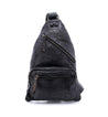 An Andie black leather sling bag on a white background by Bed Stu.