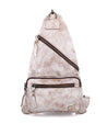 A white leather Andie backpack with zippers on the side. (Brand: Bed Stu)