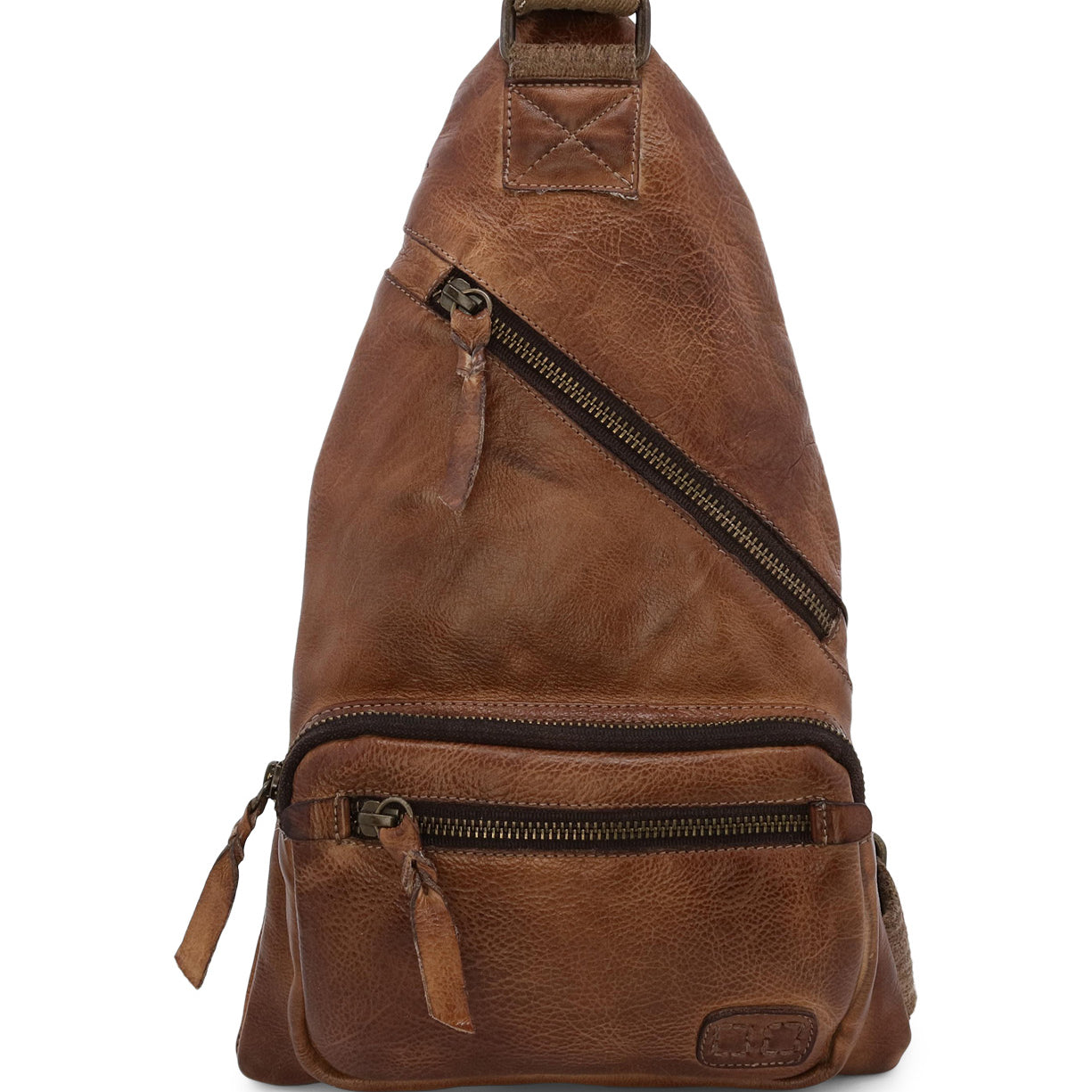 An Andie brown leather sling bag with zippers by Bed Stu.