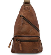 An Andie brown leather sling bag with zippers by Bed Stu.