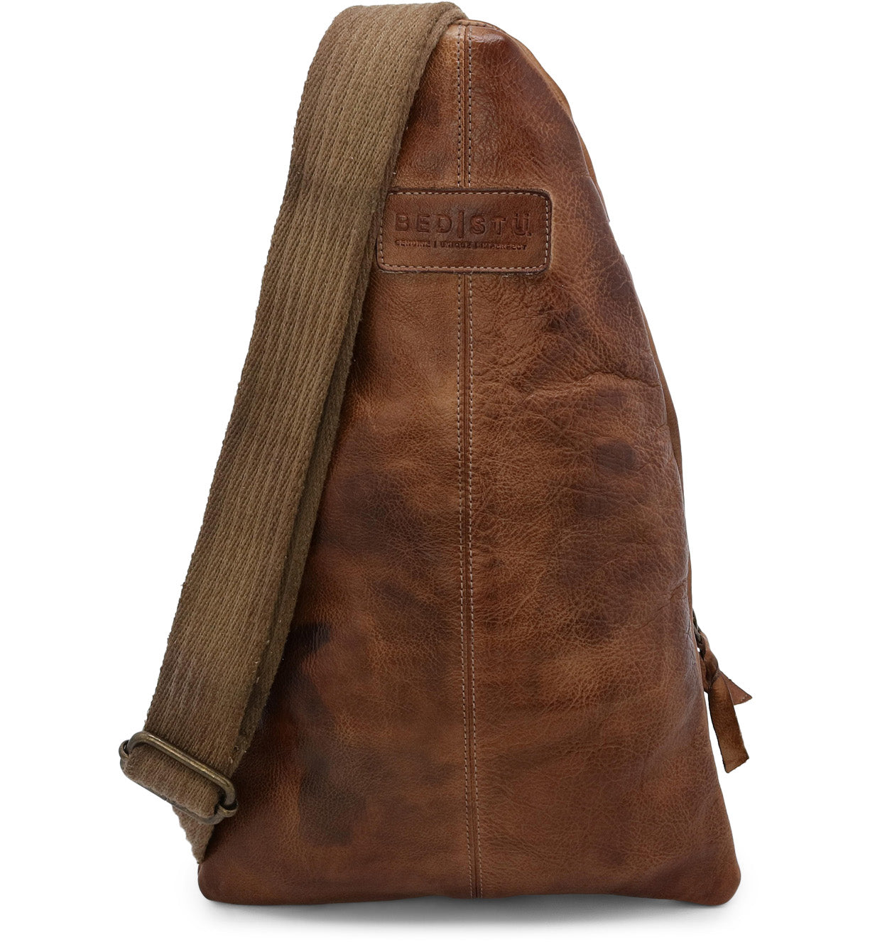 A brown leather Andie sling bag with straps from Bed Stu.