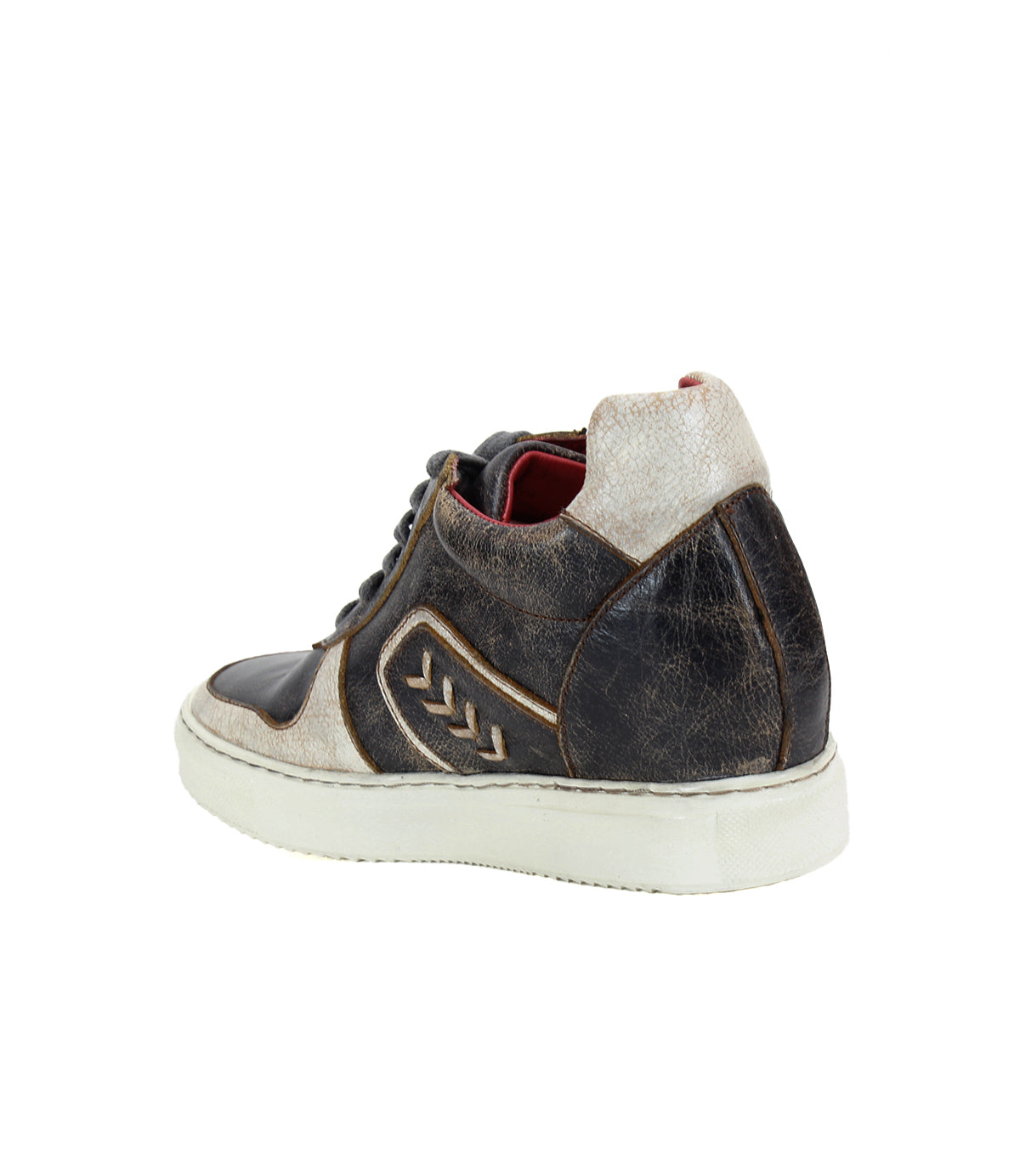 A single worn, brown and beige high-top Andromeda sneaker by Bed Stu, laced up and viewed from the back. The street-smart design hints at a hidden heel that adds both height and style.