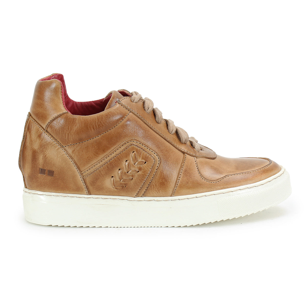 Side view of Bed Stu's Andromeda tan leather high-top sneaker, featuring a white rubber sole, beige laces, a hidden heel, and decorative stitching—exuding a street-smart design.