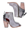 A pair of Angelique grey leather ankle boots with a zipper, by Bed Stu.