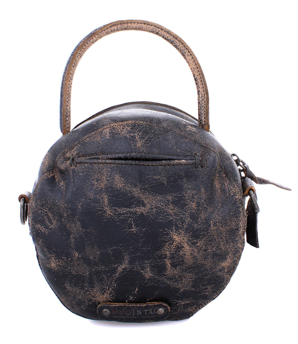 The back of a Bed Stu Arenfield black leather handbag.
