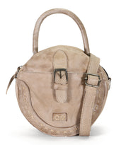 A beige leather Arenfield handbag by Bed Stu with a strap and buckle.