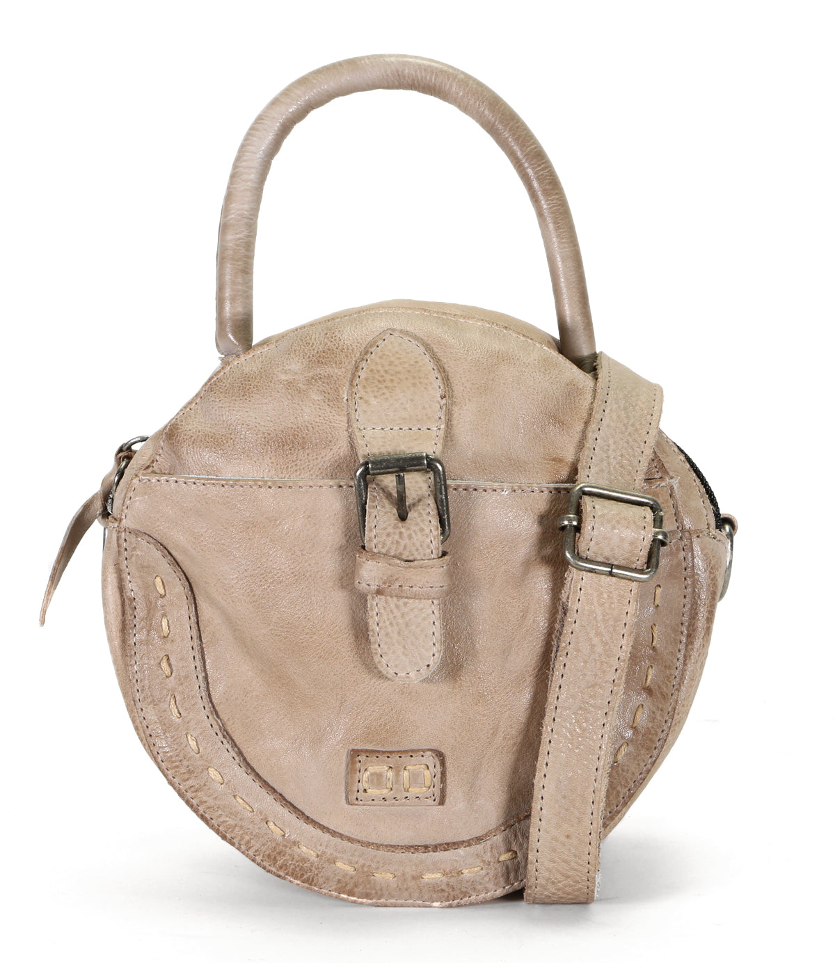 A beige leather Arenfield handbag by Bed Stu with a strap and buckle.