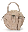 A beige leather Arenfield handbag by Bed Stu with a strap and buckle.